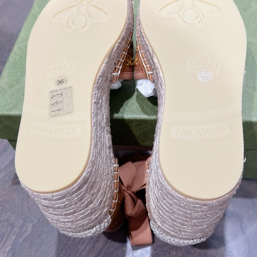 Gucci GG Damita Espadrille Wedge Sandal Eyelet Canvas Cognac Brown 36.5 US 6.5